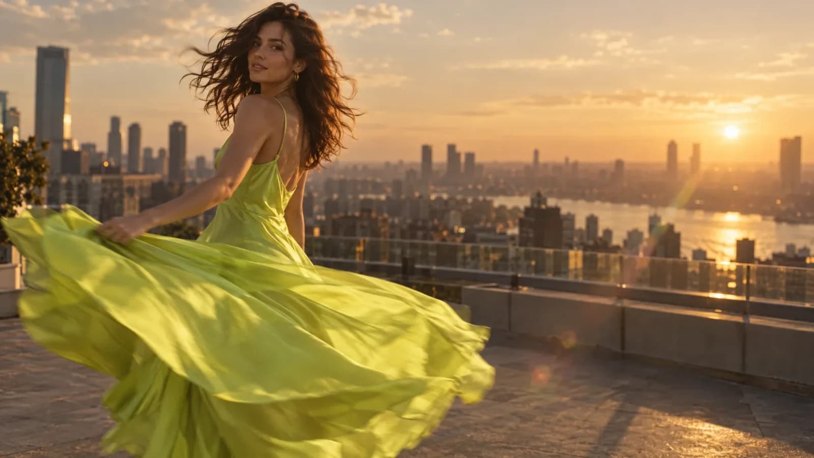 Çatıda dönen, lime elbiseli model